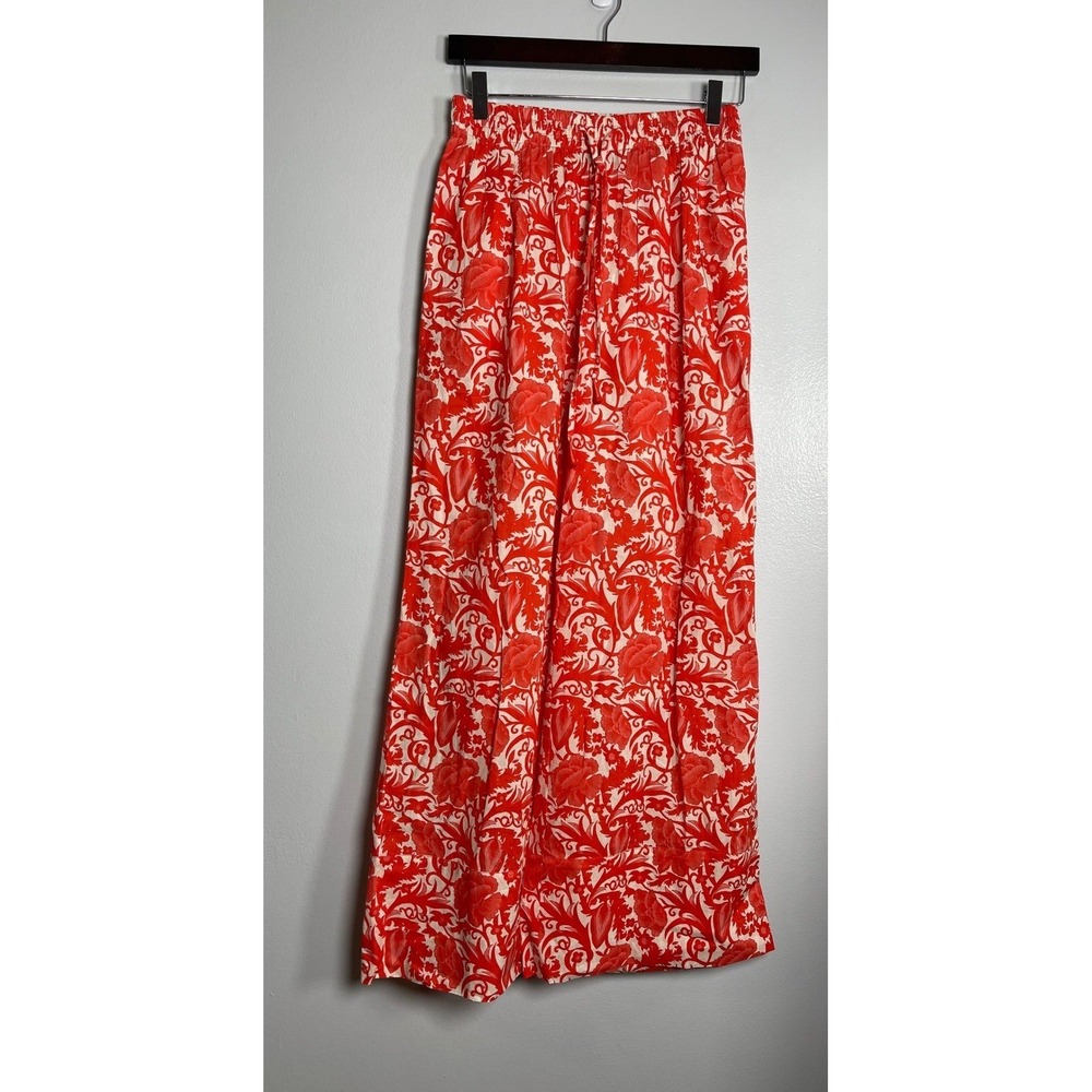 RO'S GARDEN Red Hibiscus Floral Print Cottonā Wide Leg Pants XS NEW Tropical